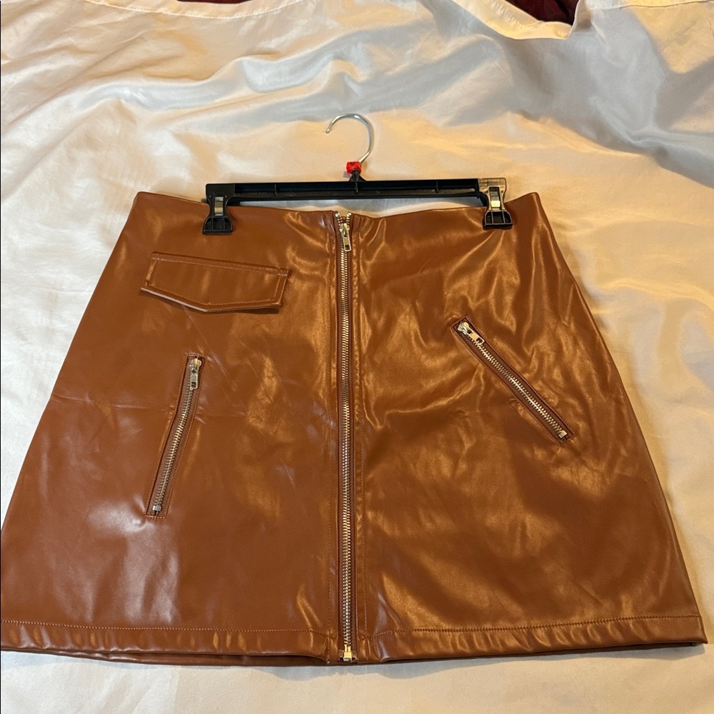 Brown Faux Leather Mini Skirt with Zipper Details
